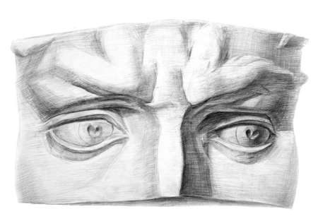 Drawing of the sculpture of the David's eyes. Front view. academic pencil drawing. An old drawing.の写真素材