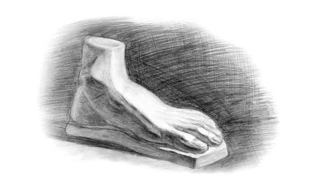 Anatomical drawing of the human foot. Isometry. academic pencil drawing. An old drawing.の写真素材