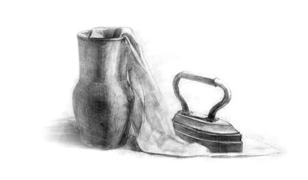 Rustic still life with iron, pot, curtain. Isometry. Academic drawing. An old drawing.の写真素材