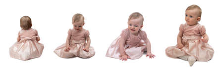 A one-year-old girl with with blonde hair and blue eyes. In a velvet pink-brown pastel dress and white tights. Different shooting angles and from the back. Different emotions. On a white background.の写真素材