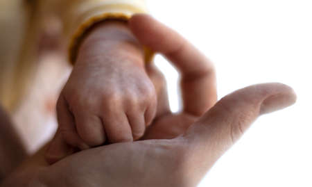 The small hand of a newborn baby in a fist lies in the palm of the mother's hand. Soft focus. Bokeh....