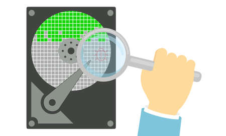 Search for bugs on the hard disk. A hand with a magnifying glass finds an error.のイラスト素材