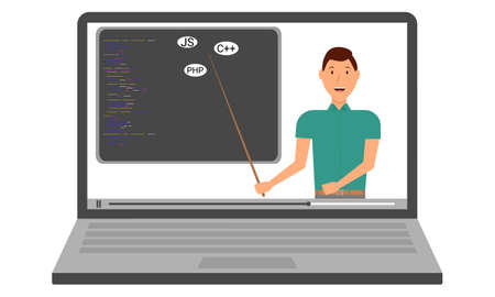 IT courses. Learning programming languages online. The teacher shows the program code on the laptop screen.のイラスト素材