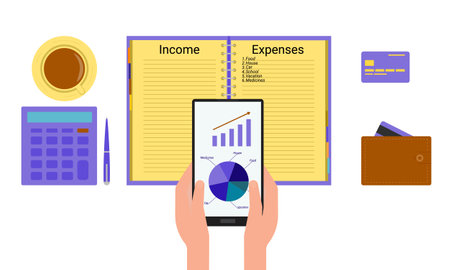 Budget. Keeping records of expenses and income on paper and in electronic form.のイラスト素材