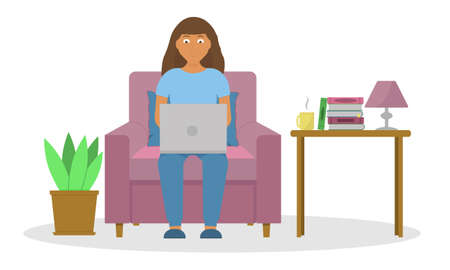 Girl works at home on a laptop. Freelance instead of an office. Online training.のイラスト素材