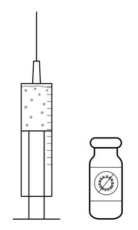 Hand drawn images of a syringe and a container with an infection vaccine.のイラスト素材