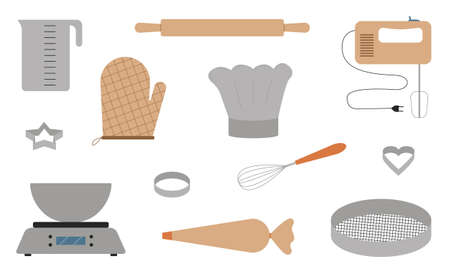 Set of tools for baking culinary products. Bakery tools. Flat style. Vector.のイラスト素材