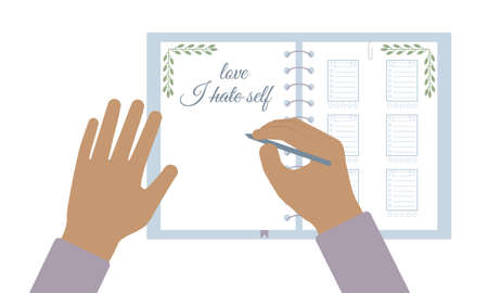 Person writes in the diary the inscription I love self instead of I hate self. Self-acceptance. Concept. Vectorのイラスト素材