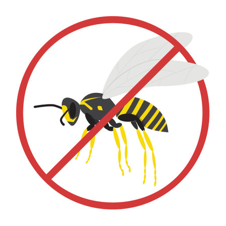 Wasp with a prohibition sign isolated on a white background. Image for insect repellent. Flat style. Vector.のイラスト素材