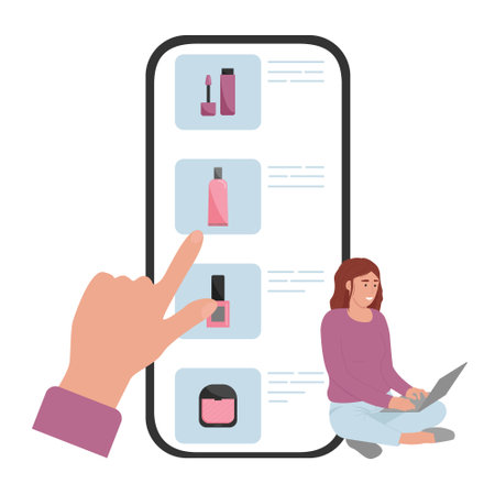 Online cosmetics store. A girl chooses beauty products using a mobile application. Flat style. Vectorのイラスト素材