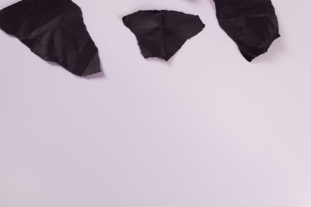 three scraps of black crumpled paper on a white surfaceの写真素材