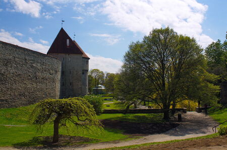 The walls of the fortress wall in the old town of Tallinn, Estoniaの写真素材