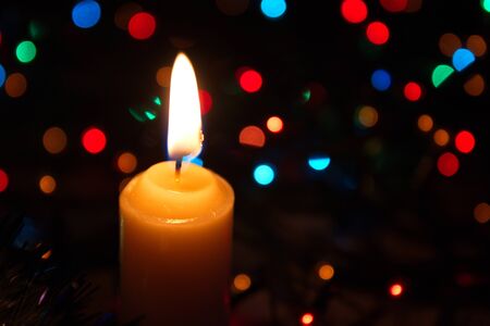 Christmas ornaments, garlands, glowing lights and festive moodの写真素材