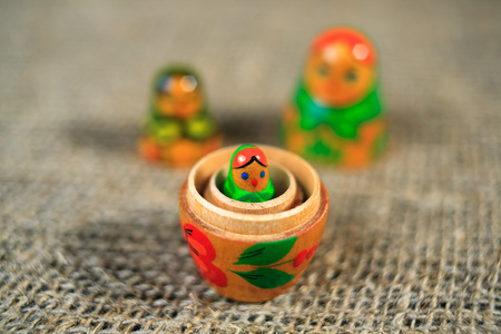 Russian dolls. Matryoshka on linen fabric for the background.の写真素材