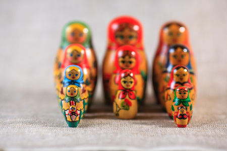 Russian dolls. Matryoshka on linen fabric for the background.の写真素材