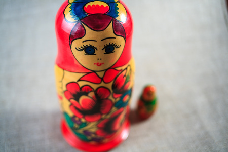 Russian dolls. Matryoshka on linen fabric for the background.の写真素材