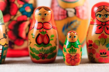 Russian dolls. Matryoshka on linen fabric for the background.の写真素材