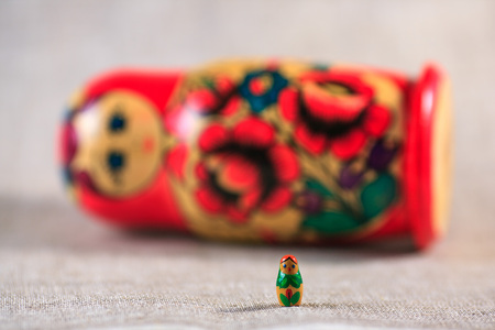 Russian dolls. Matryoshka on linen fabric for the background.の写真素材
