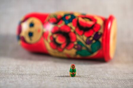 Russian dolls. Matryoshka on linen fabric for the background.の写真素材
