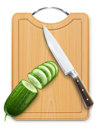 ripe cucumber cut segment on board with knife vector illustration isolated on white background. Transparent objects used for shadows and lights drawingのイラスト素材