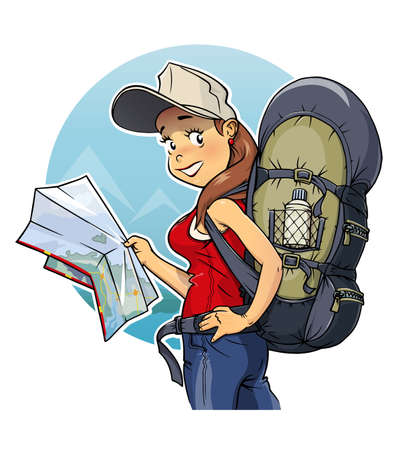 Tourist girl with rucksack and map.のイラスト素材