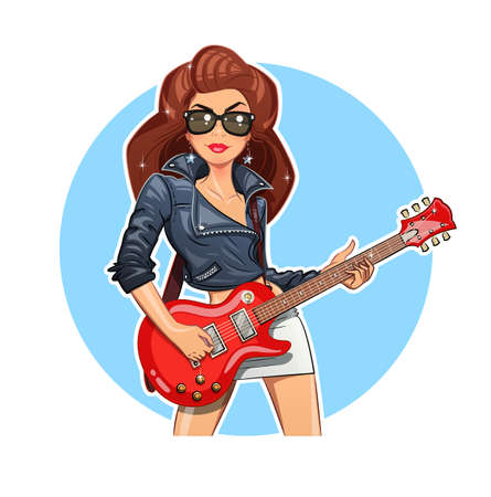 Girl with guitar. Rock guitarist. Eps10 vector illustration. Isolated on white backgroundのイラスト素材