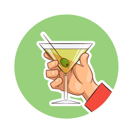 Glass of martini with olive in hand. Eps10 vector illustration. Isolated on white backgroundのイラスト素材