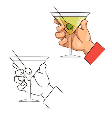 Glass of martini with olive in hand. Eps10 vector illustration. Isolated on white backgroundのイラスト素材