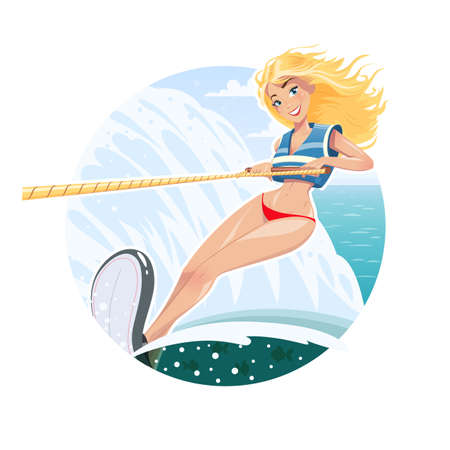 Beautiful waterskier girl on water ski. Eps10 vector illustration. Isolated on white backgroundのイラスト素材