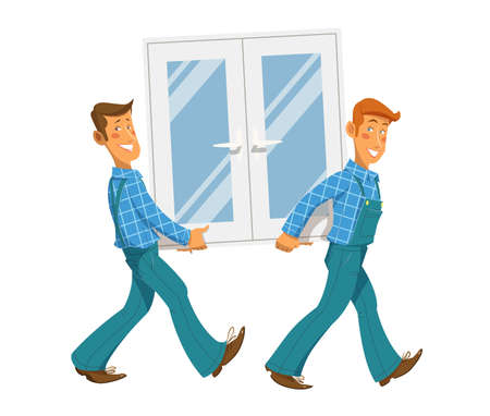 Two mans carry window. Eps10 vector illustration. Isolated on white backgroundのイラスト素材