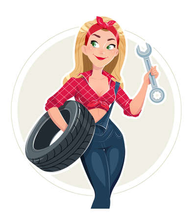 Beautiful girl in car repair service with wheel and spanner. Vector illustration. Working Woman in uniform. Lady with tool for replacement tyre.のイラスト素材