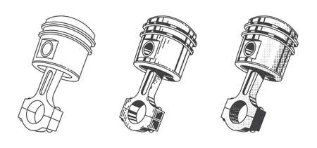Metallic gear piston. Car engine part. Set of Vector illustrations. Automobile repair service. Transport maintenance. Vintage graphics. Steel cylinderのイラスト素材