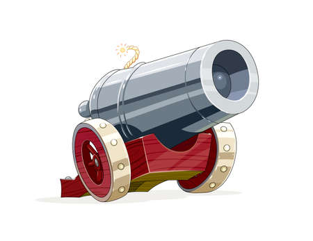 Big vintage gun with core. Cartoon Antique artillery weapon on wooden wheel for army forces. vector illustration, eps10 isolated white backgroundのイラスト素材