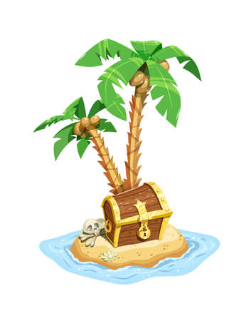 Pirates treasure island with chest and coconut palms. Save case with riches. Isolated white background. Eps10 vector illustration.のイラスト素材