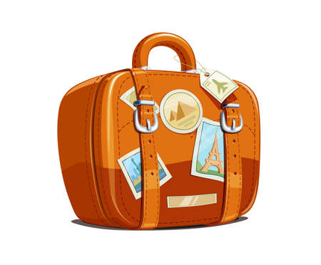 Suitcase for travel with stickers. Touristic baggage. Vintage leather bag. Vacation accessory Isolated white background. Eps10 vector illustration.のイラスト素材