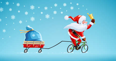 Santa claus with bell at bicycle. Christmas cartoon character. Old-man drive cycle to new year celebration. Winter holiday. Gift sack on cart. Background with snow. Vector illustration.のイラスト素材