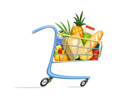 Shopping cart with foodstuff. Supermarket equipment for buying products. Shop trolley. Isolated white background. Eps10 vector illustration.のイラスト素材