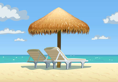 Ocean beach with umbrella and bed. Vector illustration.のイラスト素材