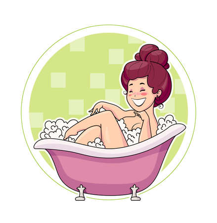 Beautiful girl wash in bath. Washing woman in foam. Cartoon Character. Isolated white background. Eps10 vector illustration.のイラスト素材