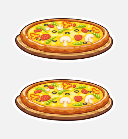 Pizza on wooden board. Italian traditional food. Fast-food. Isolated white background. Eps10 vector illustration.のイラスト素材