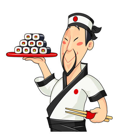 Japanese cook with sushi isolated white background. Vector illustration.のイラスト素材