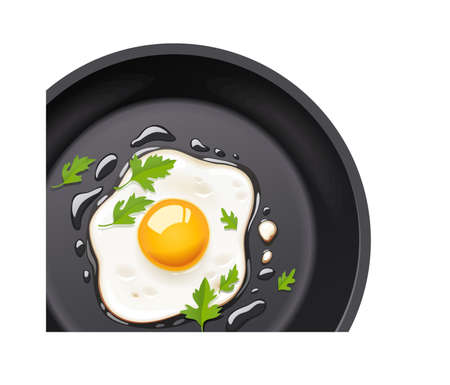 Pan with fried egg. Cooking foods. Scrambled eggs. Top view. Metallic utensil for frying. Roast meal. Cook tools. Fry product. Eggs Omelette. Fast food. Isolated white background. EPS10 vector illustration.のイラスト素材