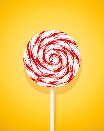 Yummy lollipop at stick. Holiday sweets at yellow background. Striped Candy. Sweetness food. Birthday dessert. Candies decoration for birthday. vector illustration.のイラスト素材