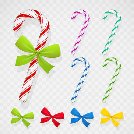 Tasty lollipop with bow for birthday and christmas holiday. Set of Candy gift for celebration. Sweet dessert. Xmas food decoration. vector illustration.のイラスト素材