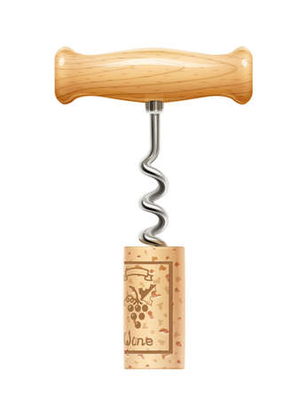Corkscrew with cork. Device for open wine bottle. Realistic bottle-screw. Kitchenware equipment. Screw liquor opener. Sommelier accessory.のイラスト素材