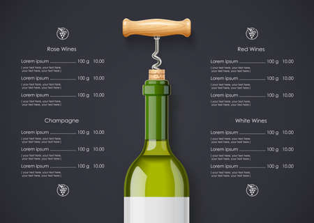 White Wine bottle, cork and corkscrew concept design for wines list in dark background. Drink menu. Bottled alcohol beverage.のイラスト素材