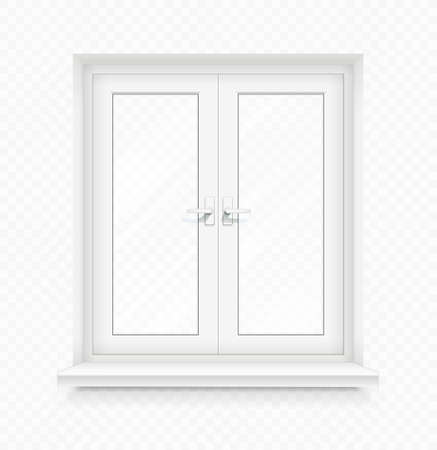 White classic plastic window with windowsill. Transparent framing interior design element. Construction part. Clean domestic glass. EPS10 vector illustration.のイラスト素材