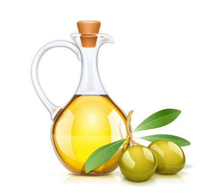 Green olive oil bottle with cork. Glass jug for liquid ingredient. Oils capacity. Product for cooking.のイラスト素材