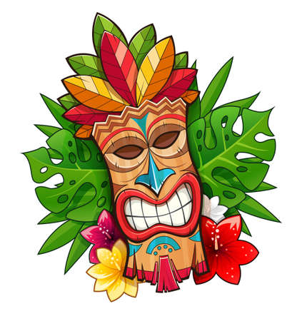 Tiki tribal wooden mask. Hawaiian traditional character. Hawaii bar symbol. Tradition cartoon sculpture Isolated white background. EPS10 vector illustration.のイラスト素材