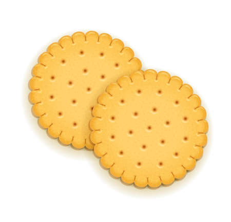 Two delicious round biscuit. Sweet cookie. Delicious cookies. Realistic cracker. Yummy crackers. Breakfest snack. Tasty food. Isolated white background. EPS10 vector illustration.のイラスト素材
